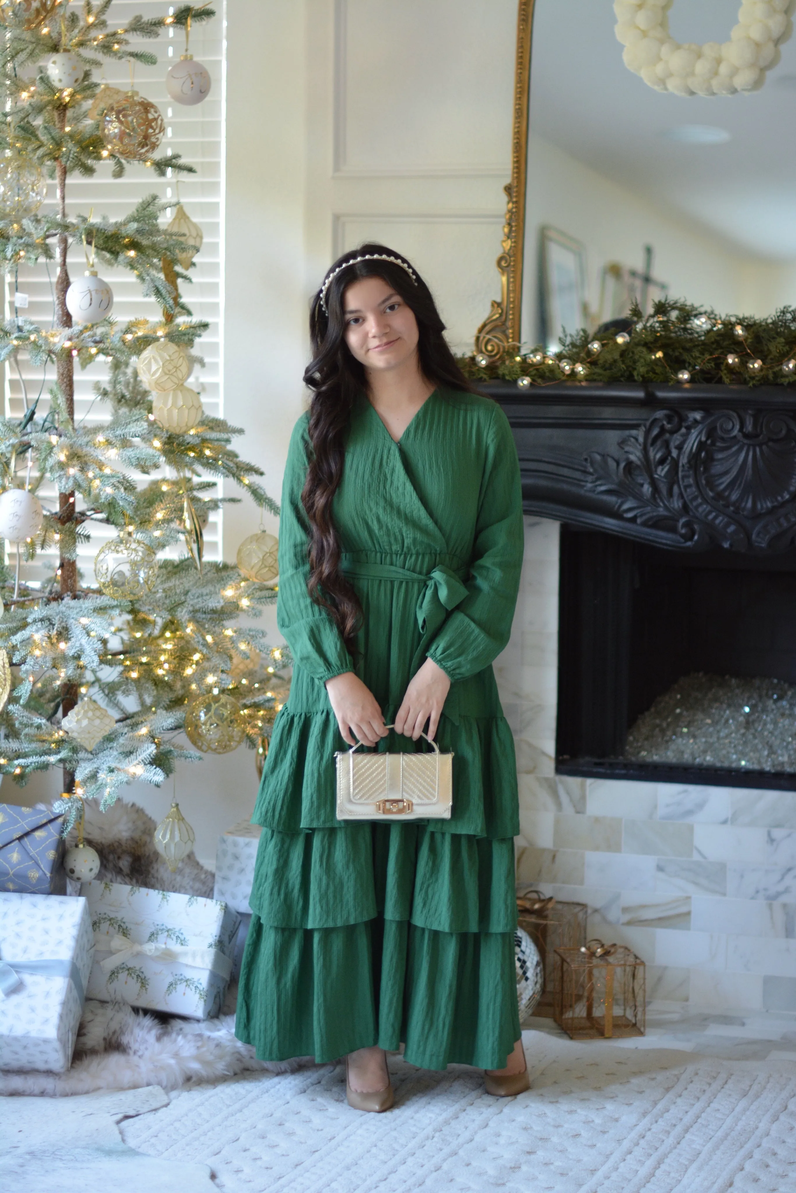 Lindos Green Textured  Ruffled Maxi Dress