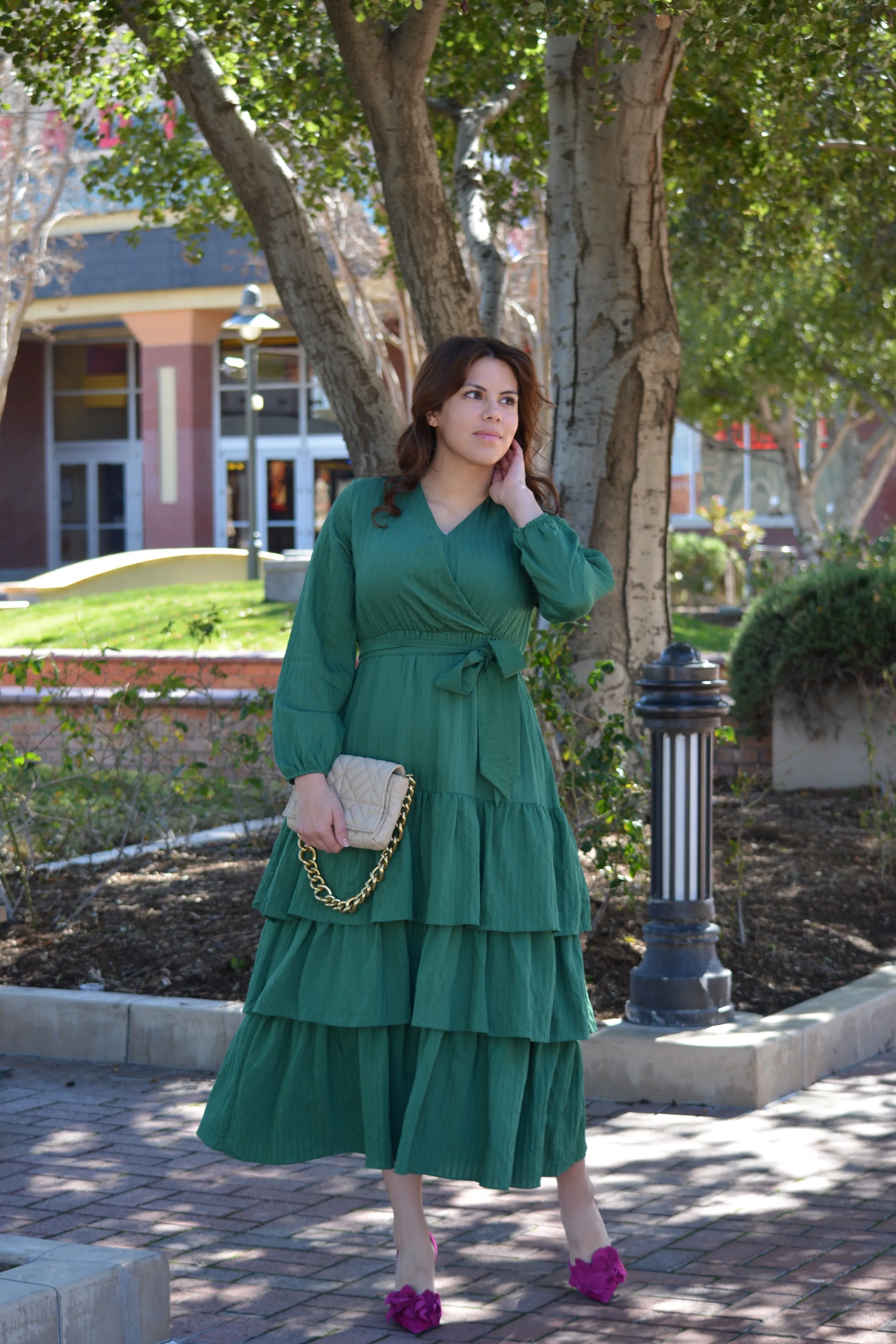 Lindos Green Textured  Ruffled Maxi Dress