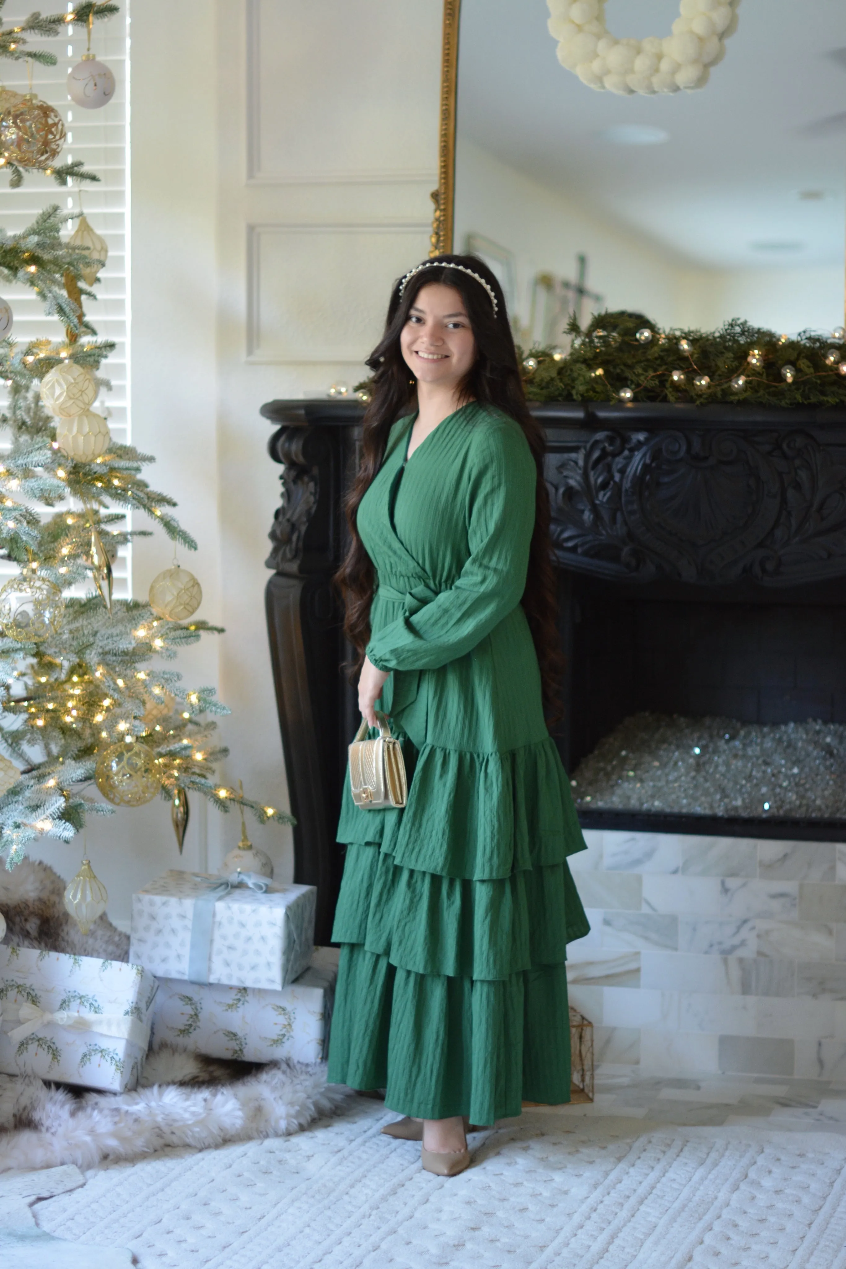 Lindos Green Textured  Ruffled Maxi Dress