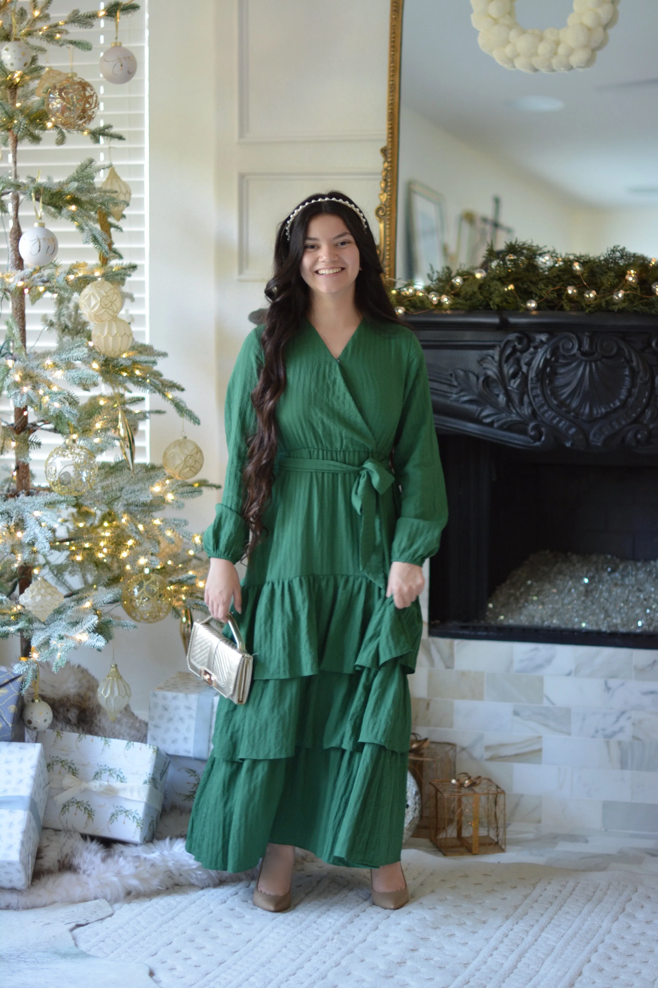 Lindos Green Textured  Ruffled Maxi Dress