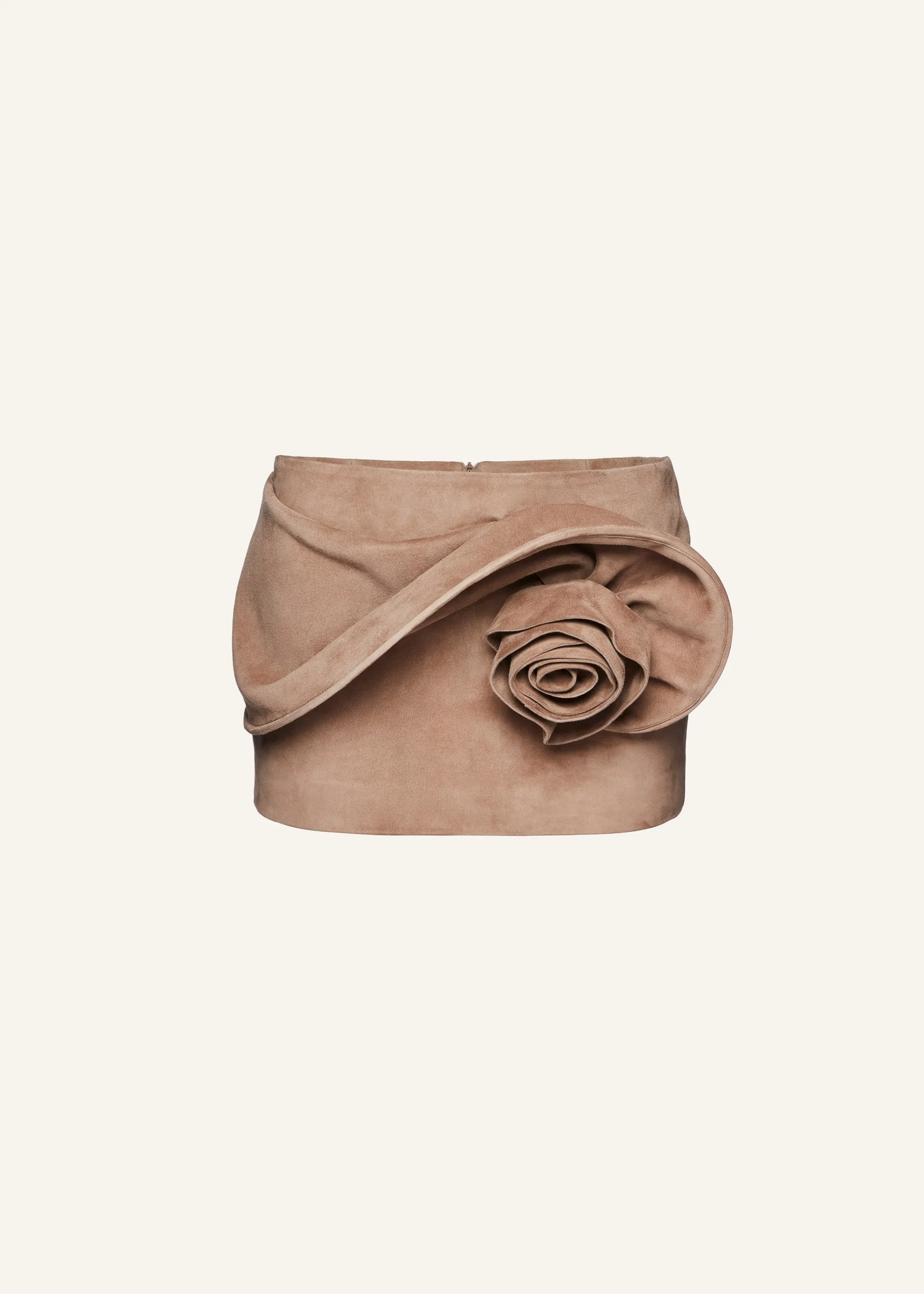 Low waist floral appliqué mini skirt in beige suede