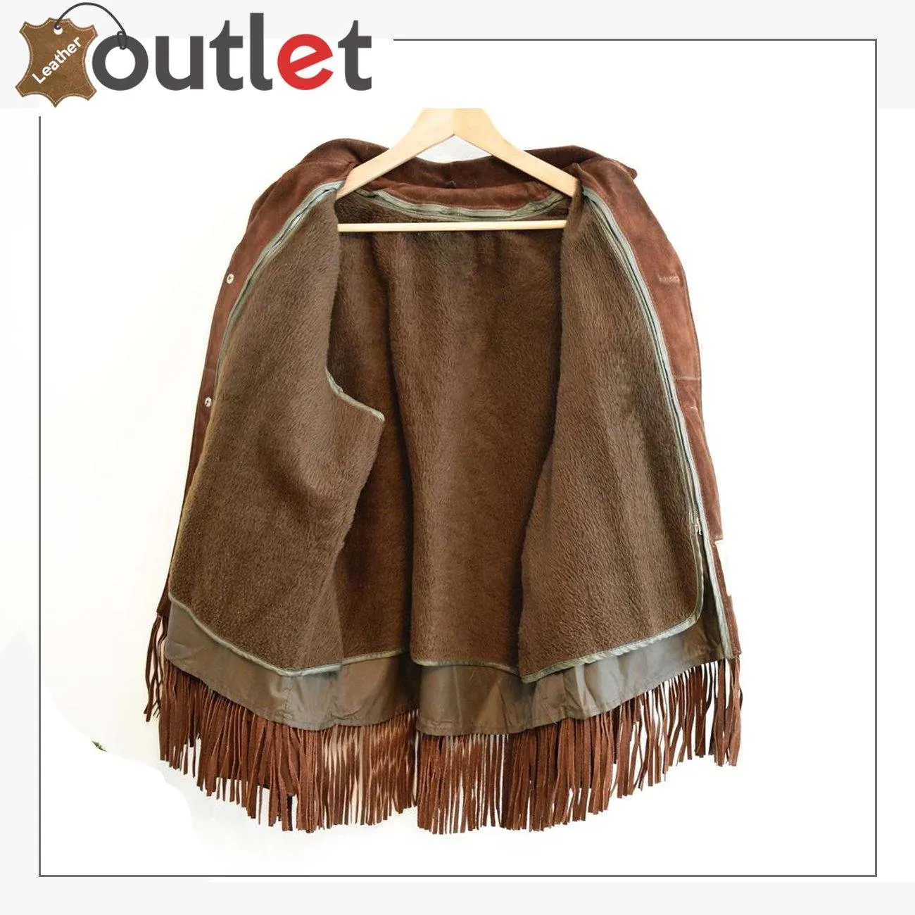 Men's Fringe Leather Jacket Chocolate Brown Suede Removable Vest