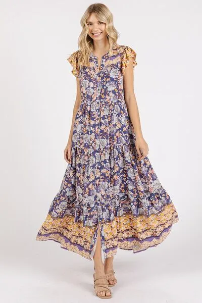 Mittoshop Floral Ruffled Notched Cap Sleeve Maxi Dress