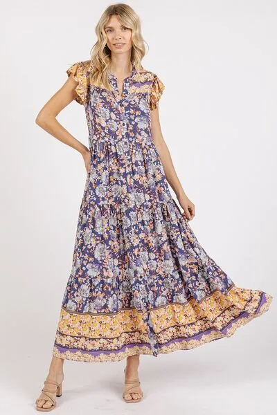 Mittoshop Floral Ruffled Notched Cap Sleeve Maxi Dress