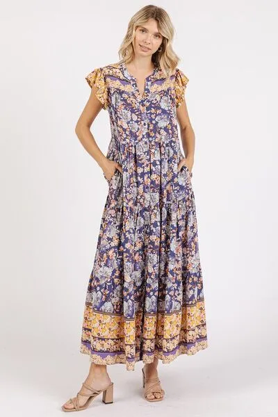 Mittoshop Floral Ruffled Notched Cap Sleeve Maxi Dress