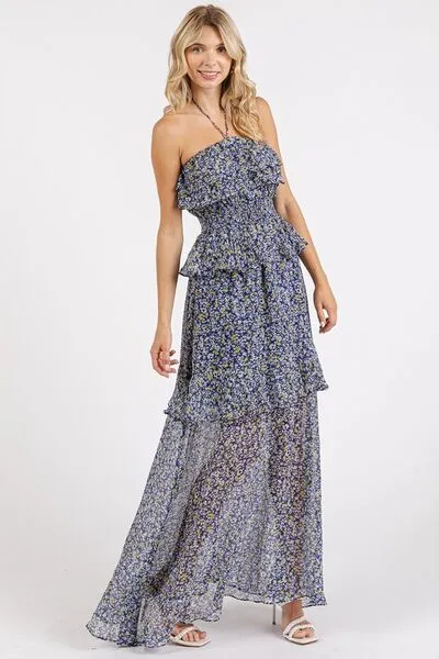 Mittoshop Ruffled Smocked Floral Halter Neck Maxi Dress