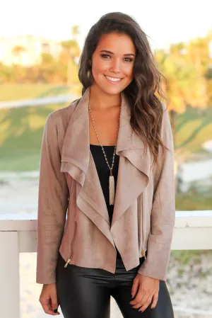 Mocha Suede Jacket with Zipper Detail