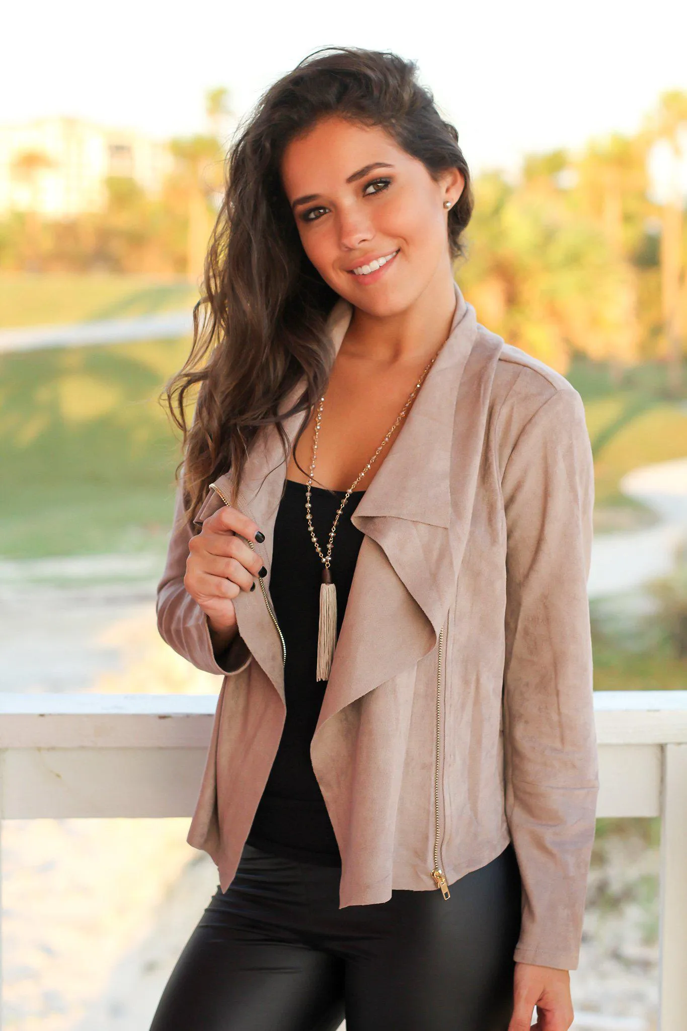 Mocha Suede Jacket with Zipper Detail