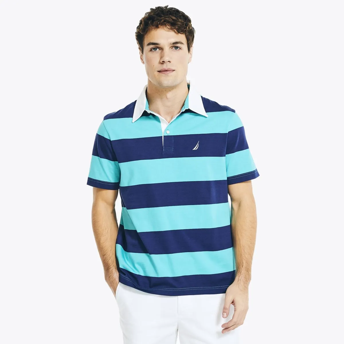 Nautica Mens Striped Jersey Short Sleeve Polo Shirt