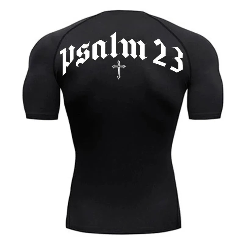 Psalm 23 Cross Print Men's Compression Shirt – Quick-Dry Sporty Fitness Tee