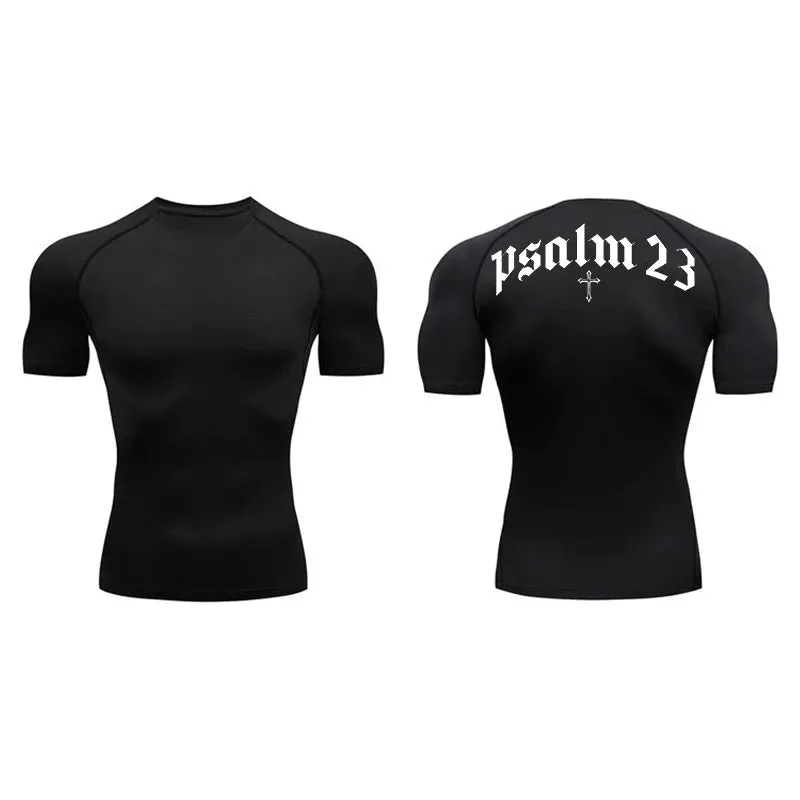 Psalm 23 Cross Print Men's Compression Shirt – Quick-Dry Sporty Fitness Tee