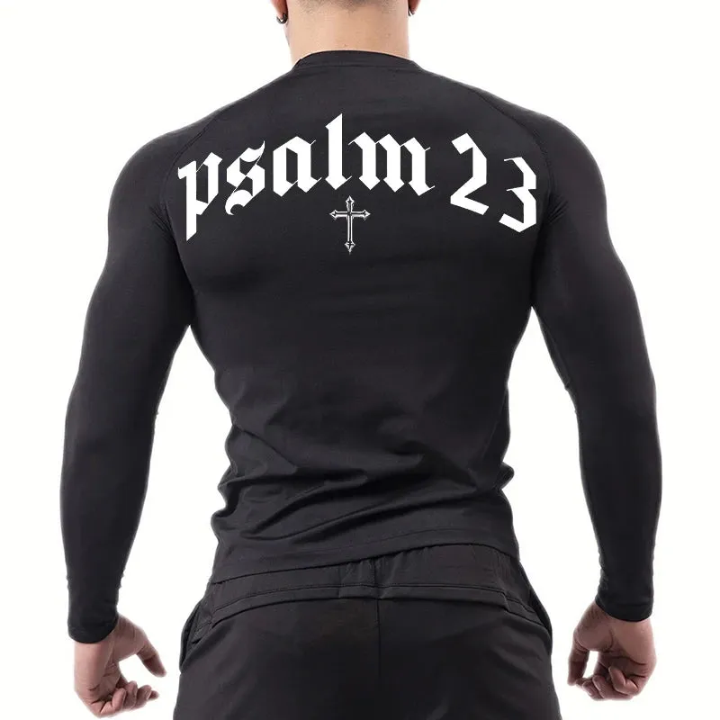 Psalm 23 Cross Print Men's Compression Shirt – Quick-Dry Sporty Fitness Tee