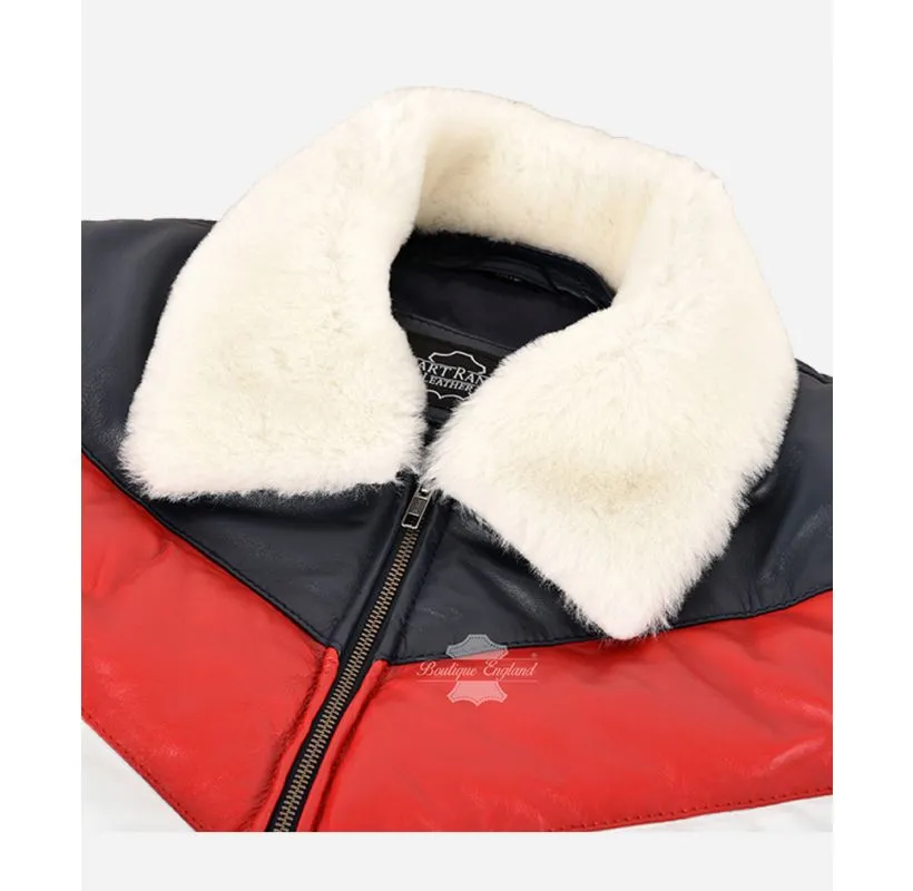 Puffer Leather Jacket Men's Three-Tone Fur Collared Warm Padded V-Bomber Jacket