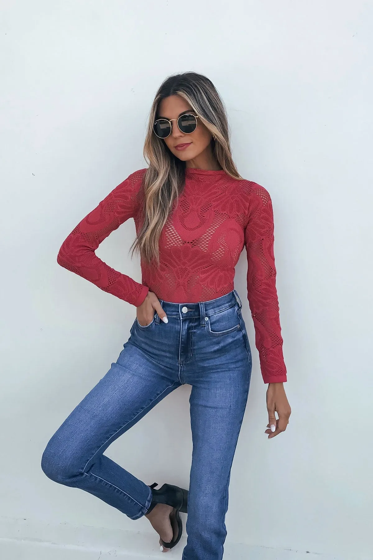 Red Mock Neck Fishnet Top