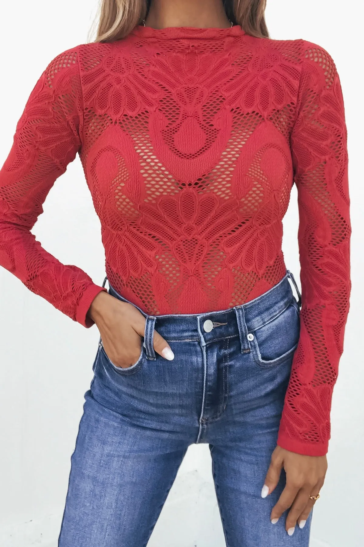 Red Mock Neck Fishnet Top