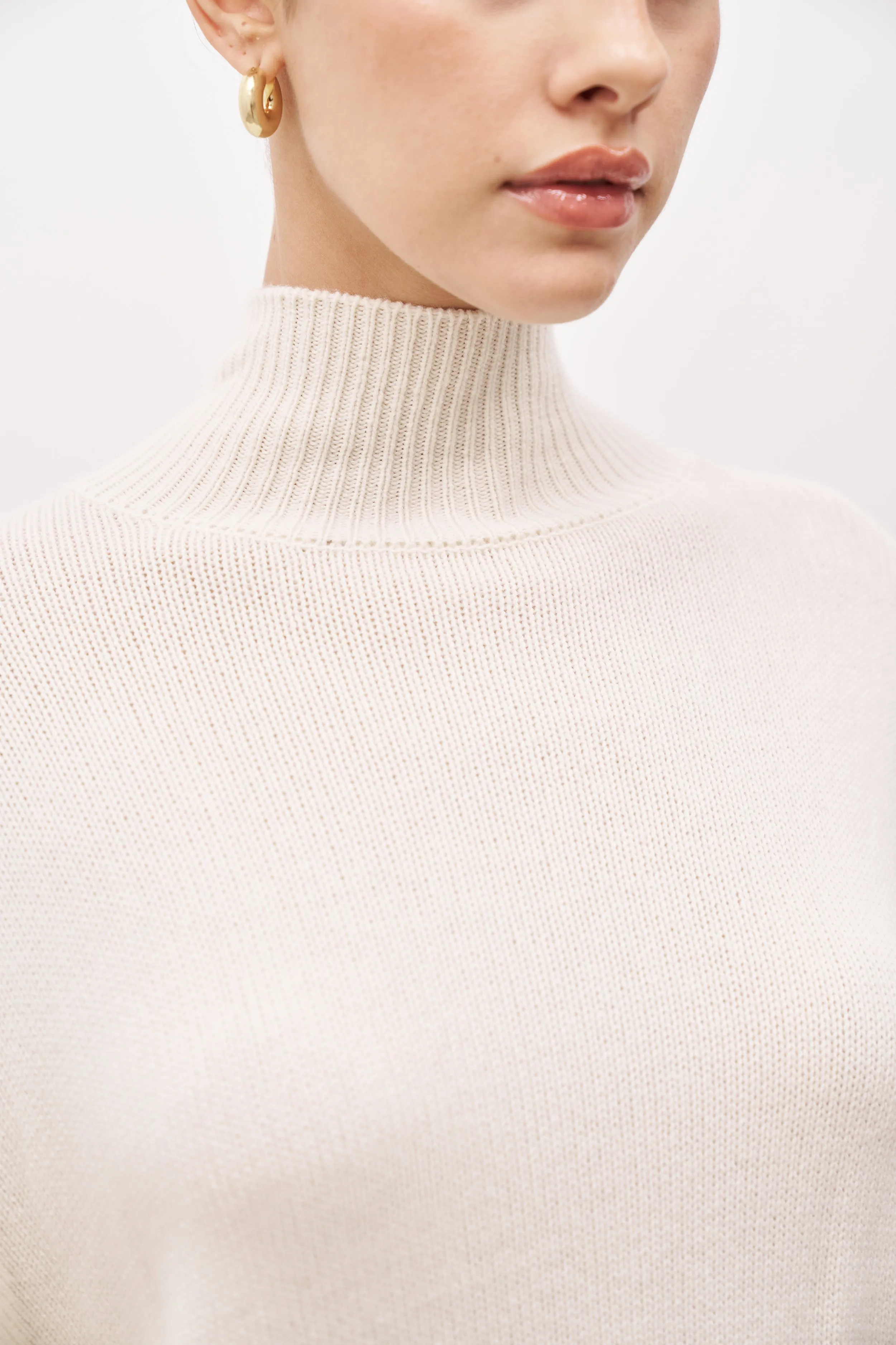 Relaxed High Neck Cashmere Blend Jumper - Cream