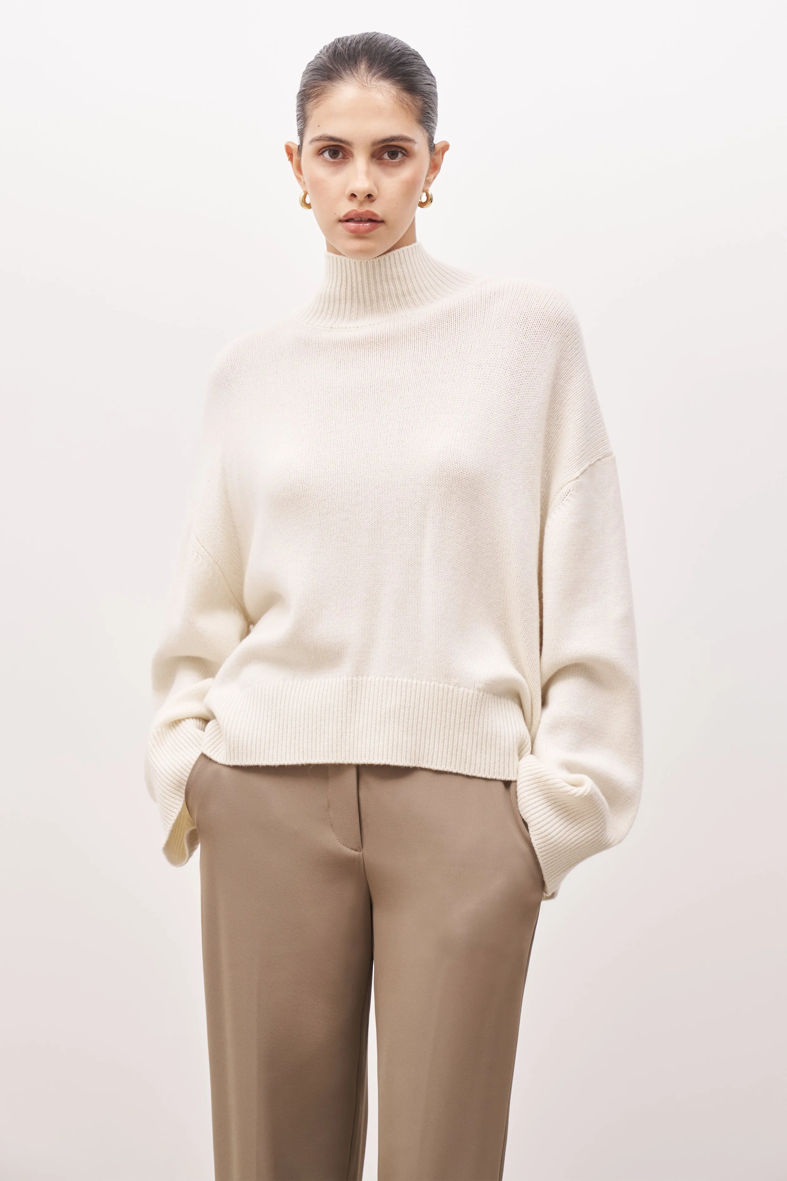 Relaxed High Neck Cashmere Blend Jumper - Cream