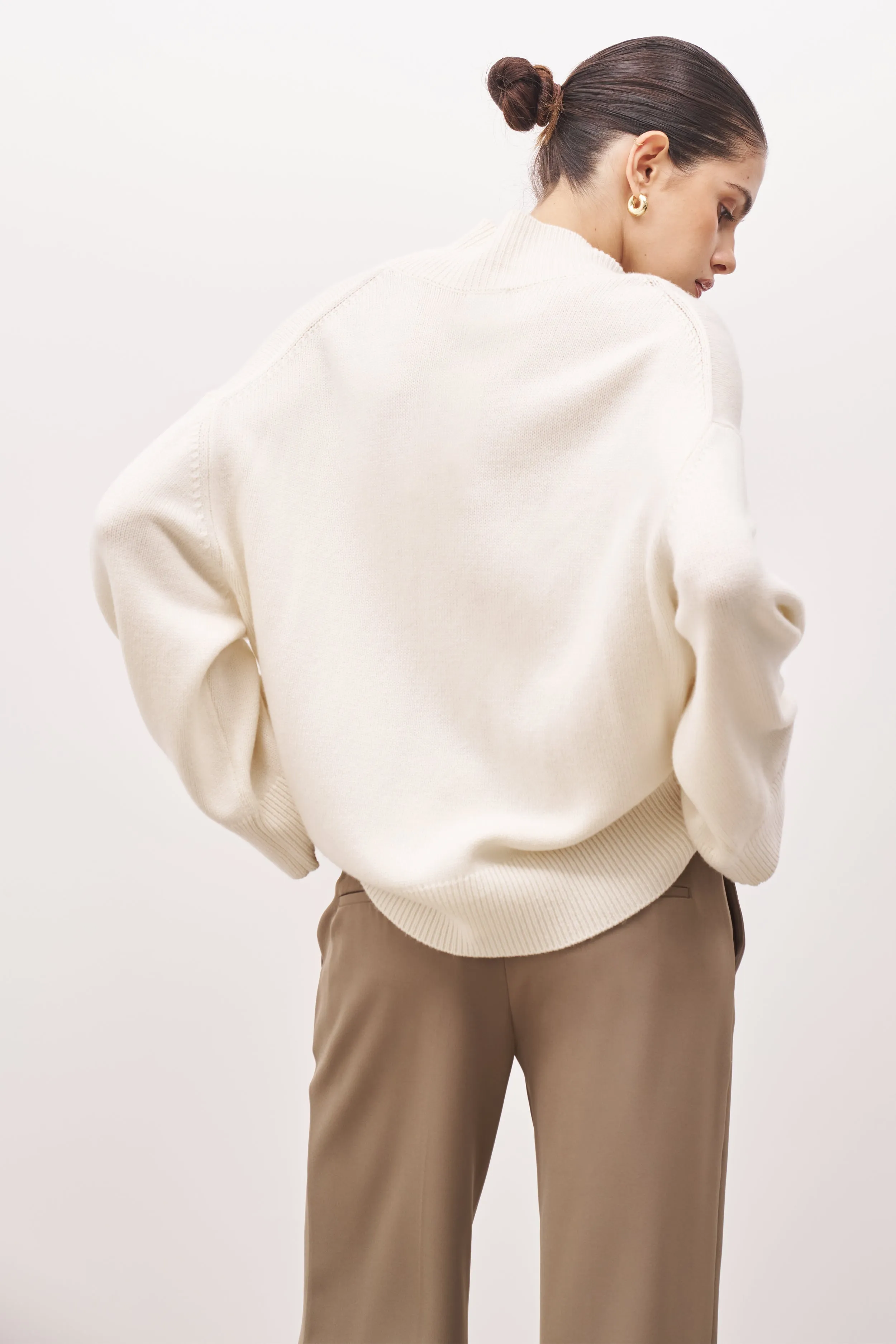 Relaxed High Neck Cashmere Blend Jumper - Cream