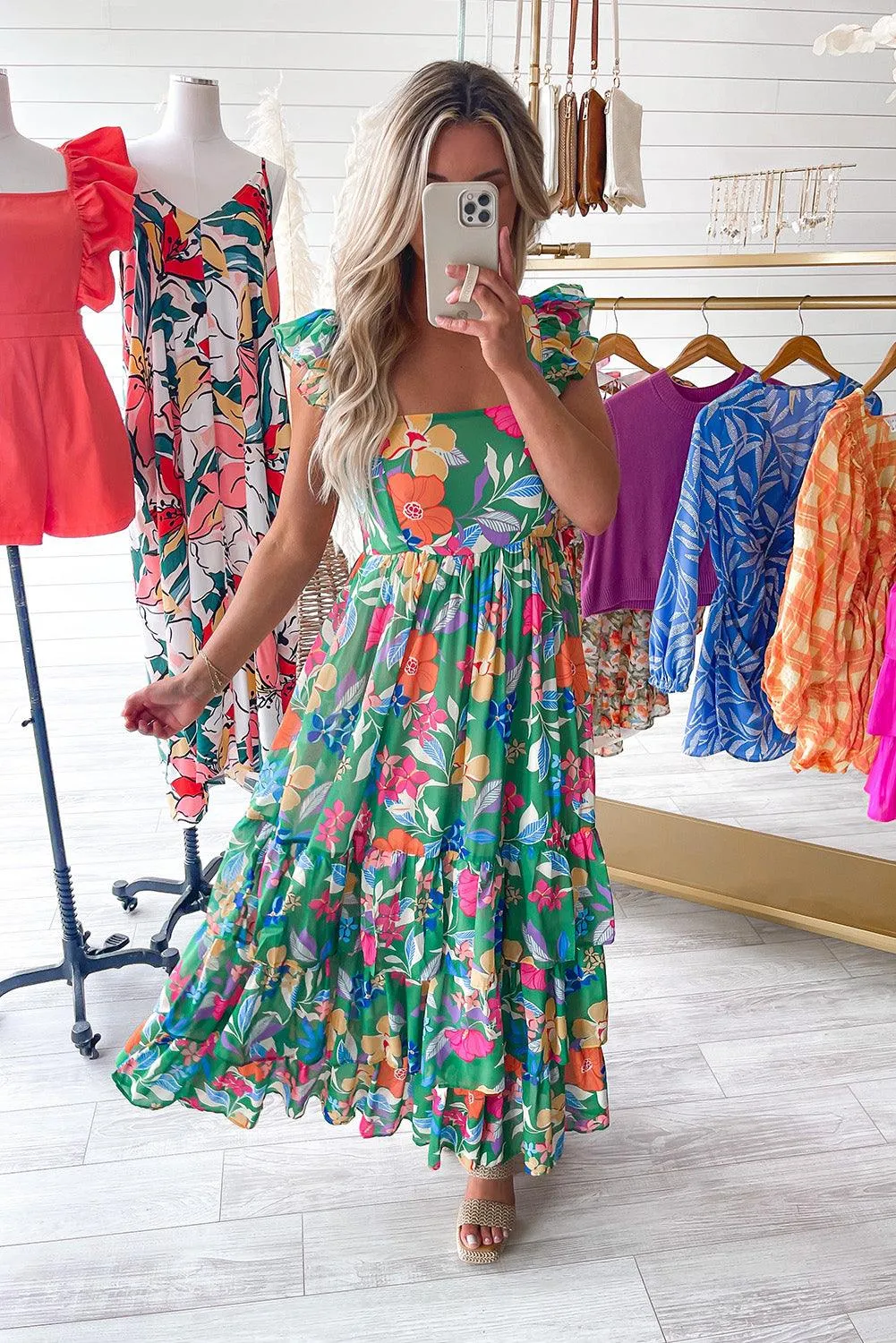 Ruffled Green Floral Tiered Maxi Dress