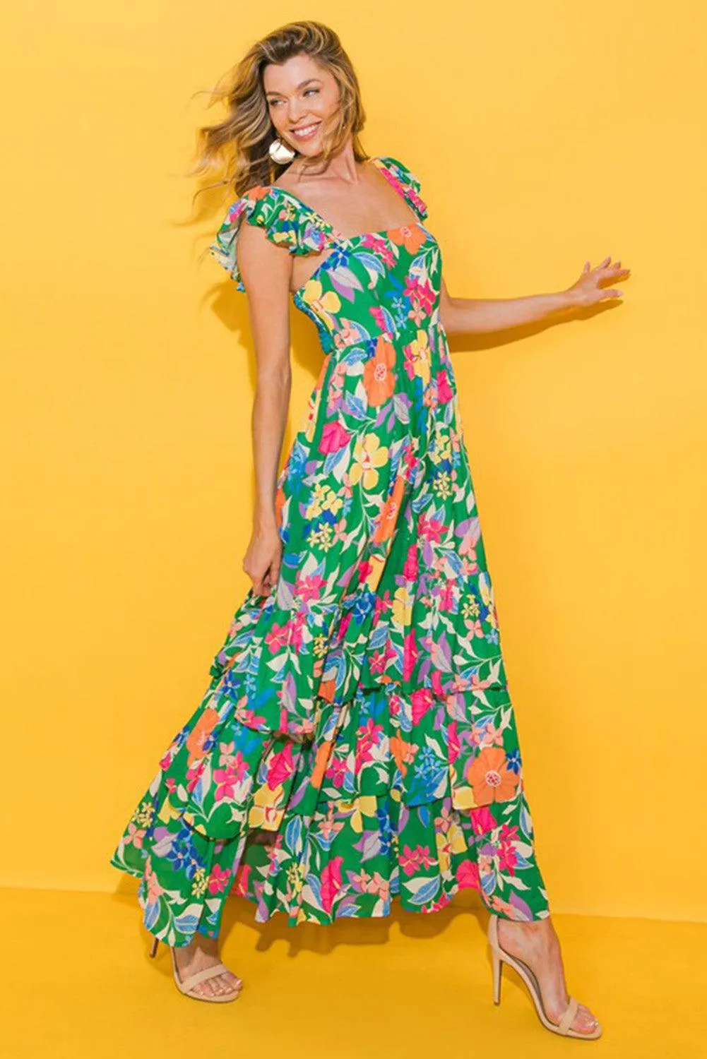 Ruffled Green Floral Tiered Maxi Dress