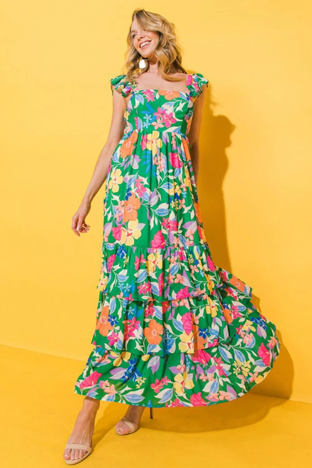 Ruffled Green Floral Tiered Maxi Dress