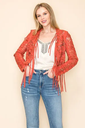 Rust Fringed Lace Crop Jacket