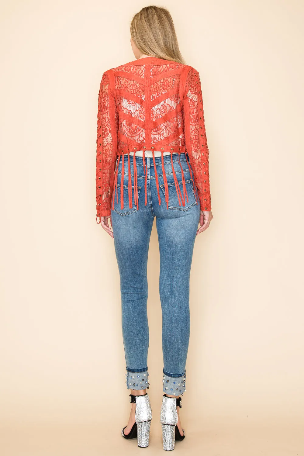 Rust Fringed Lace Crop Jacket