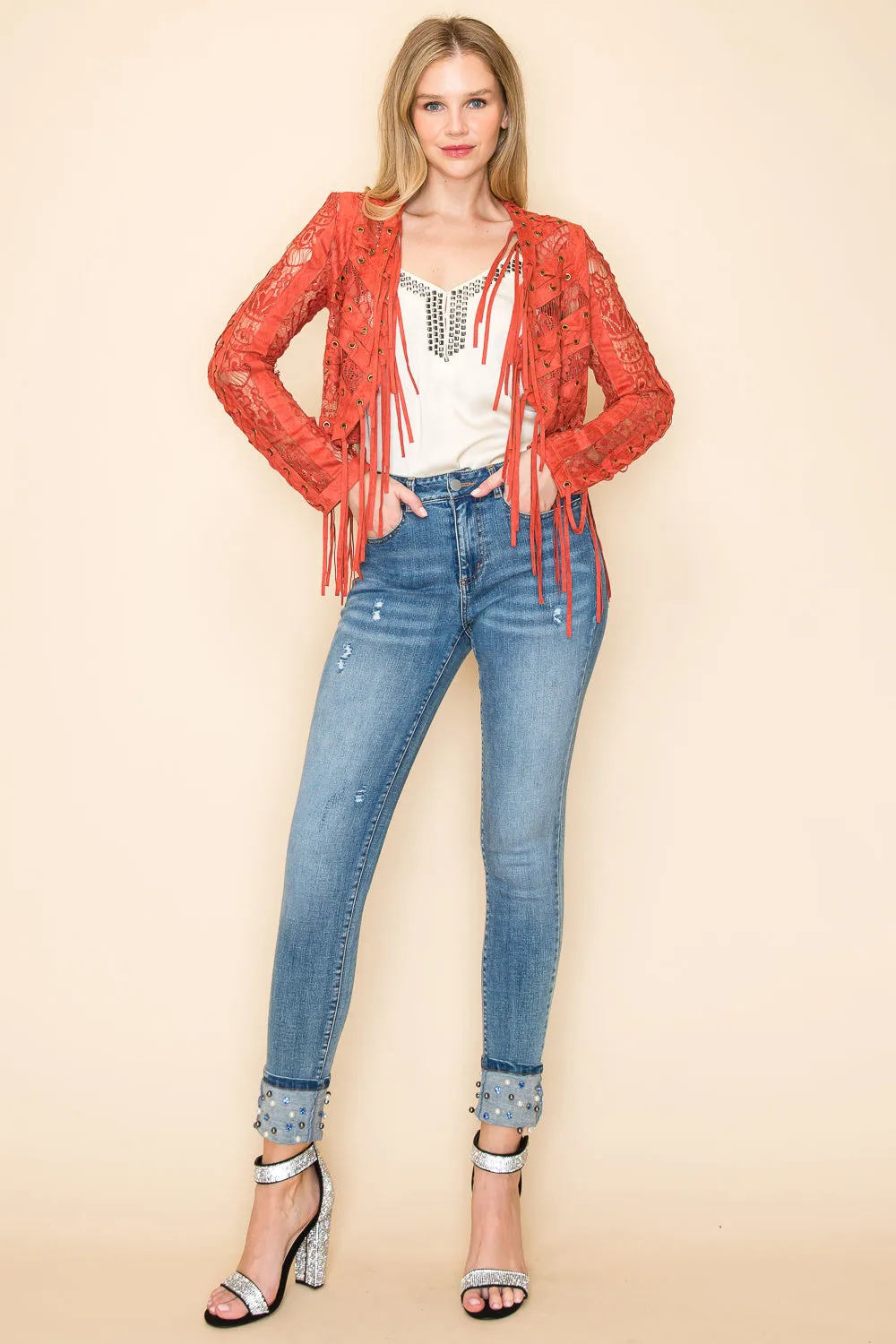 Rust Fringed Lace Crop Jacket