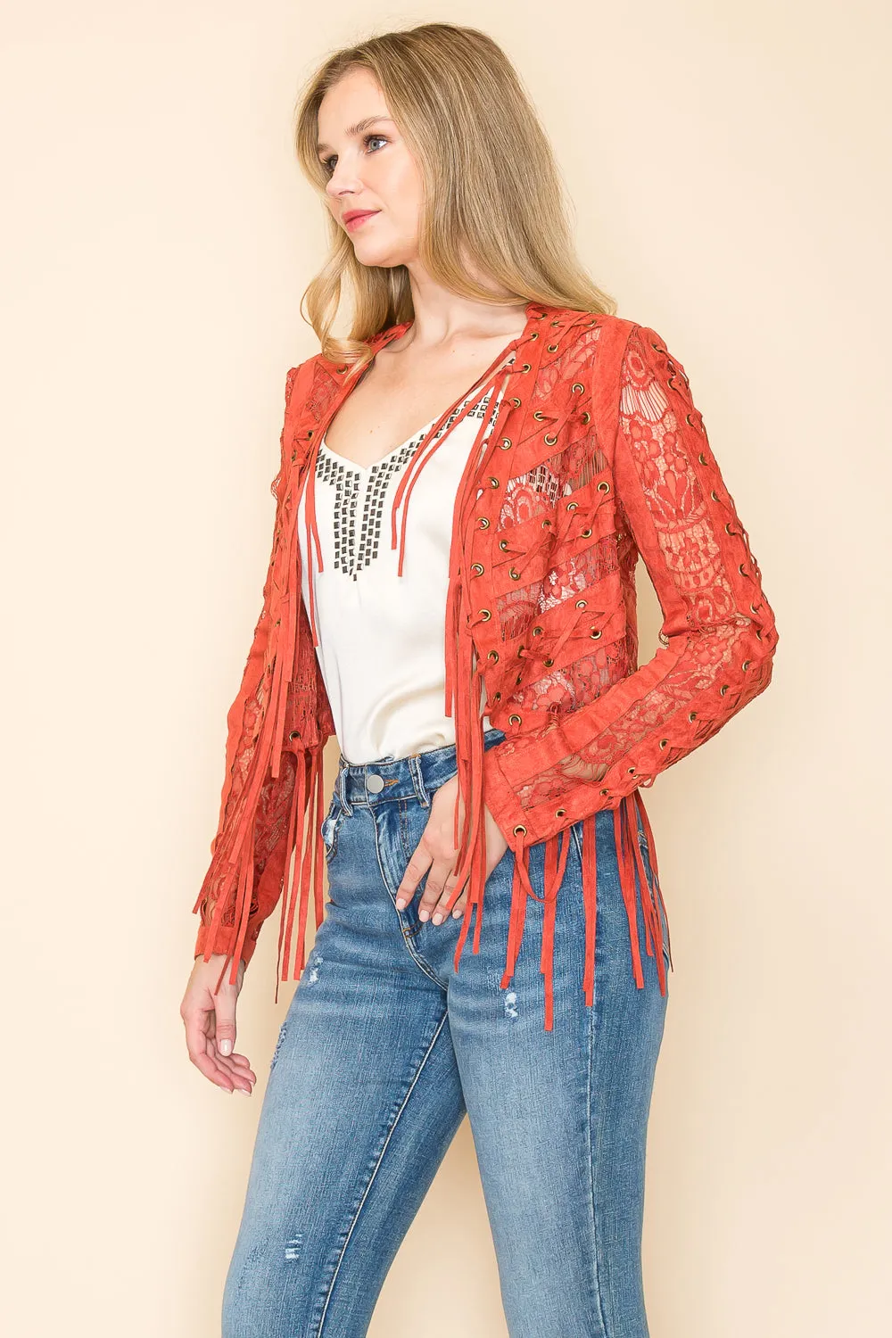 Rust Fringed Lace Crop Jacket