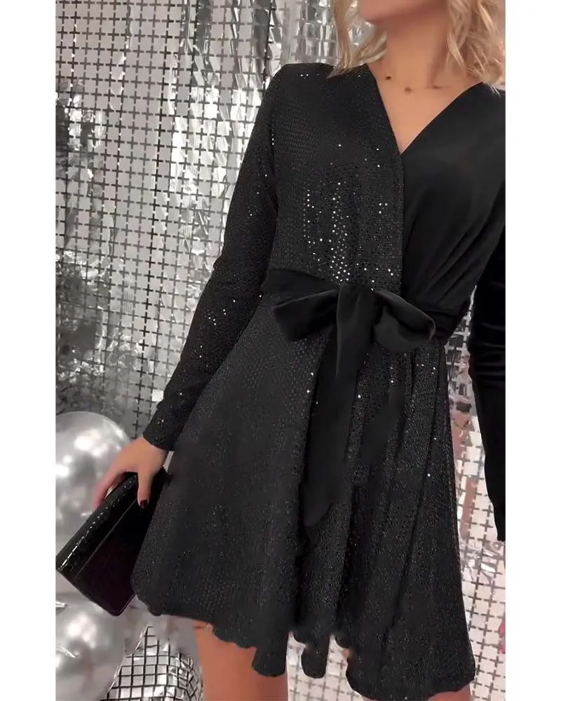 Sexy Wrap Chest Sequined Velvet Lace-Up Dress