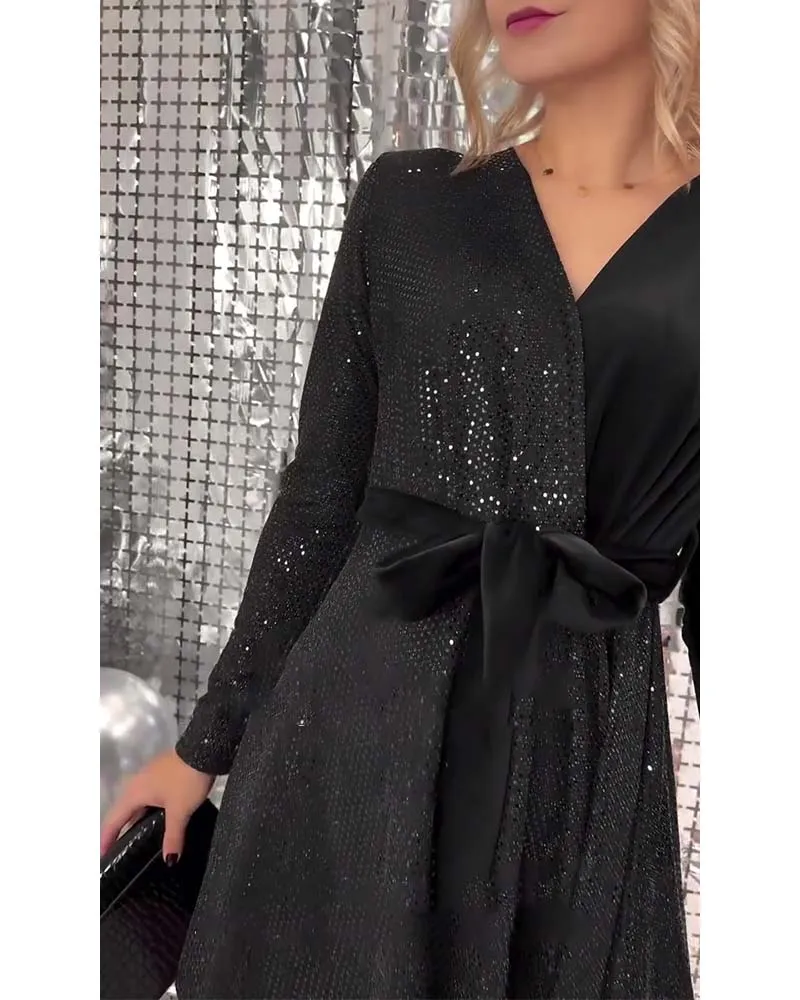 Sexy Wrap Chest Sequined Velvet Lace-Up Dress