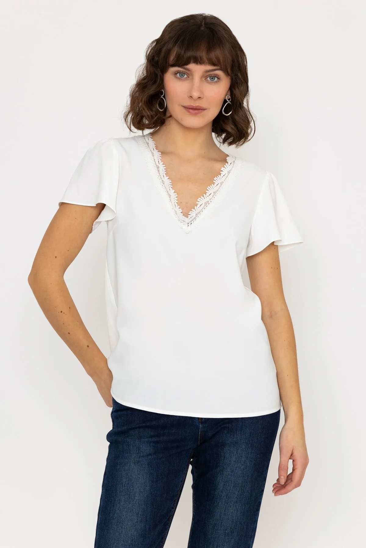 Short Sleeve Lace V Neck Top in White