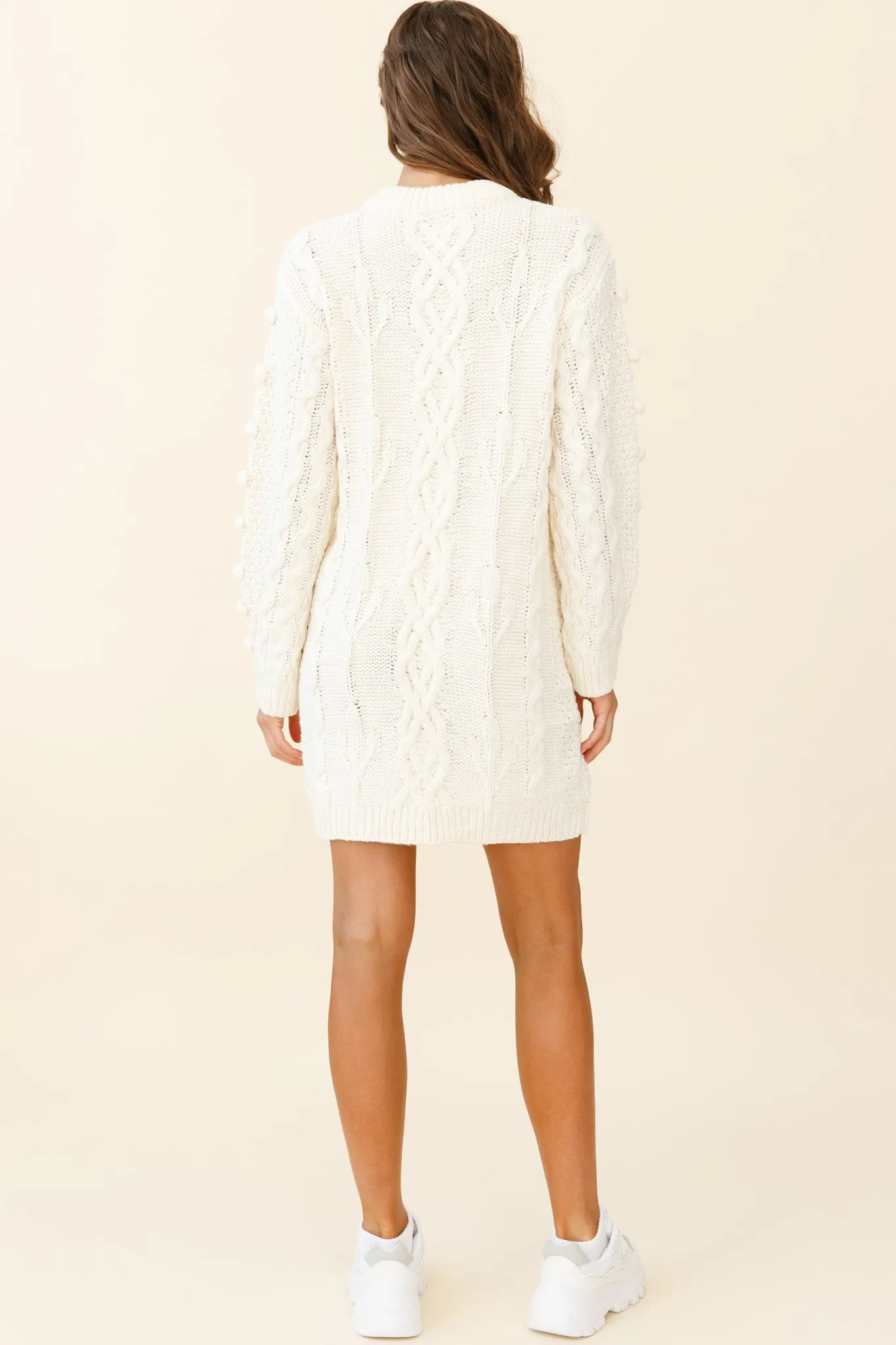 Snowstorm Pom Pom Detail Knit Sweater Dress Cream