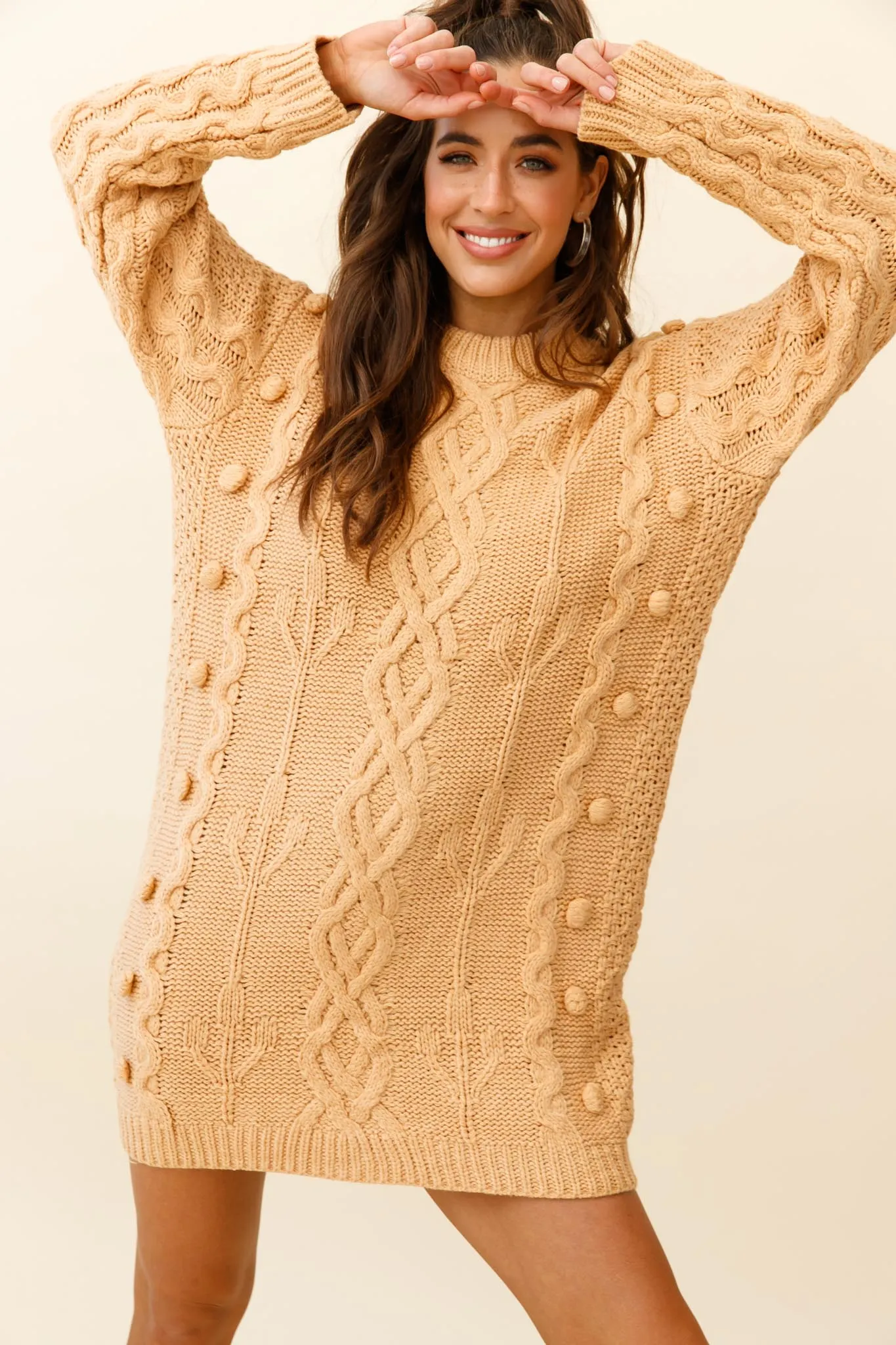 Snowstorm Pom Pom Detail Knit Sweater Dress Mustard