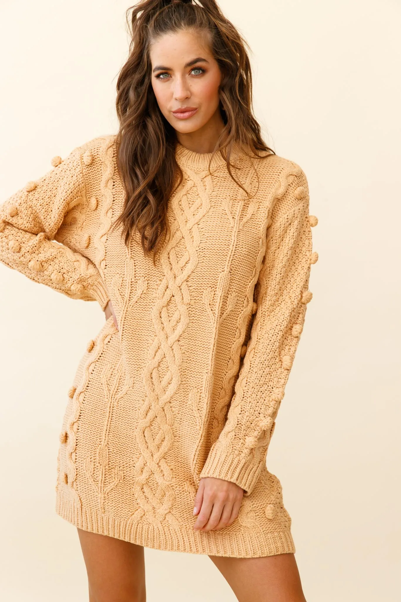 Snowstorm Pom Pom Detail Knit Sweater Dress Mustard