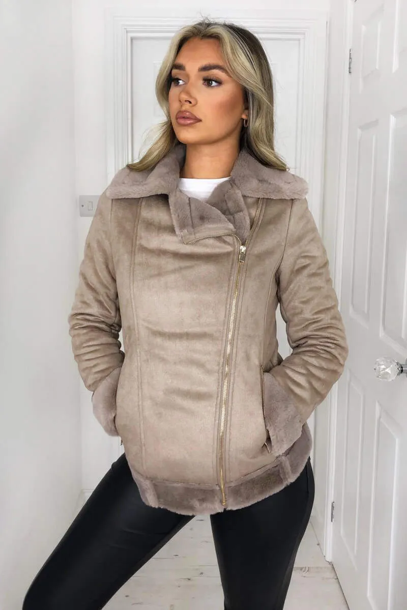 Stone Faux Suede Aviator Jacket