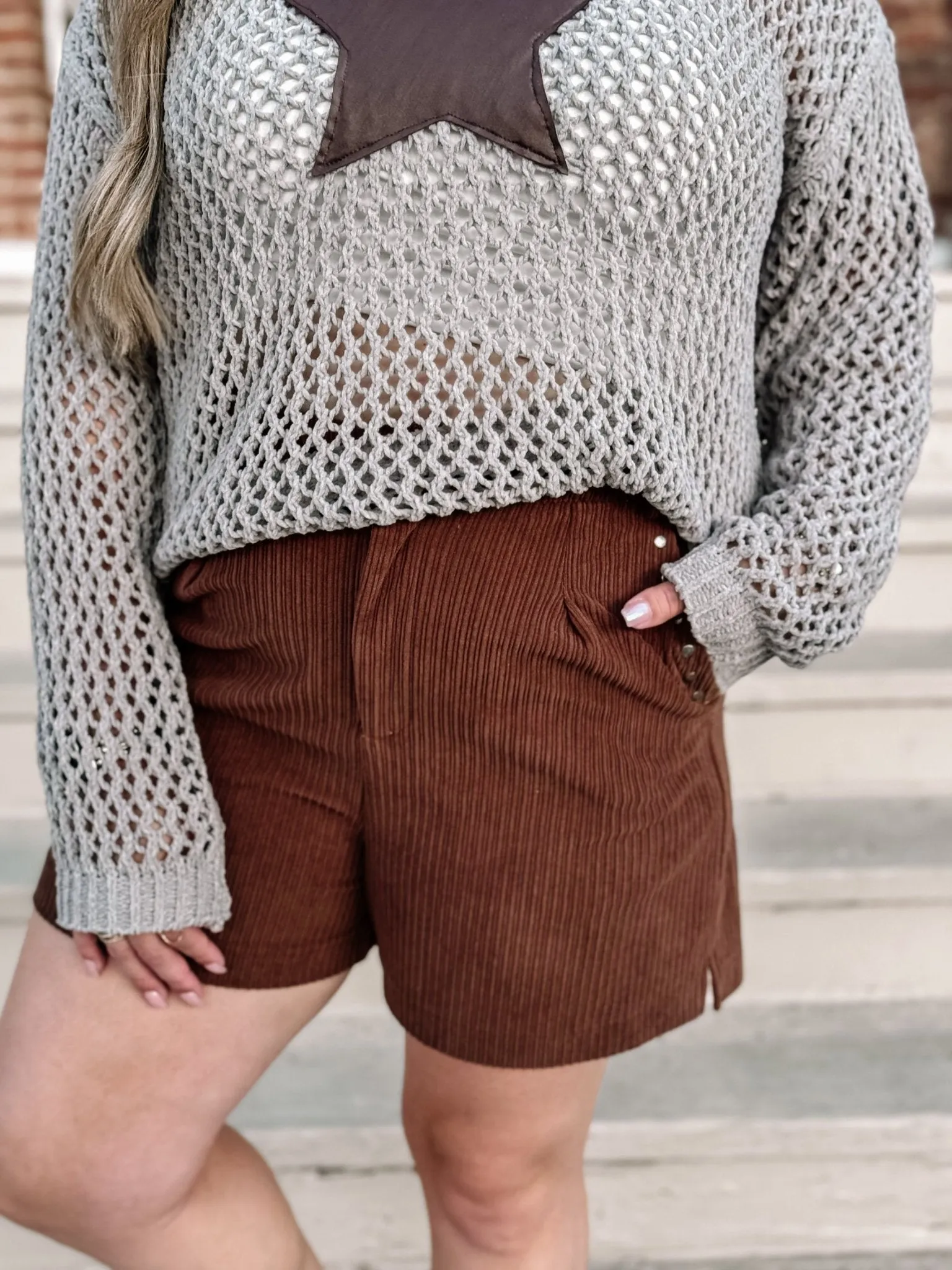 Sweet Maple Studded Detail Pockets Corduroy Shorts