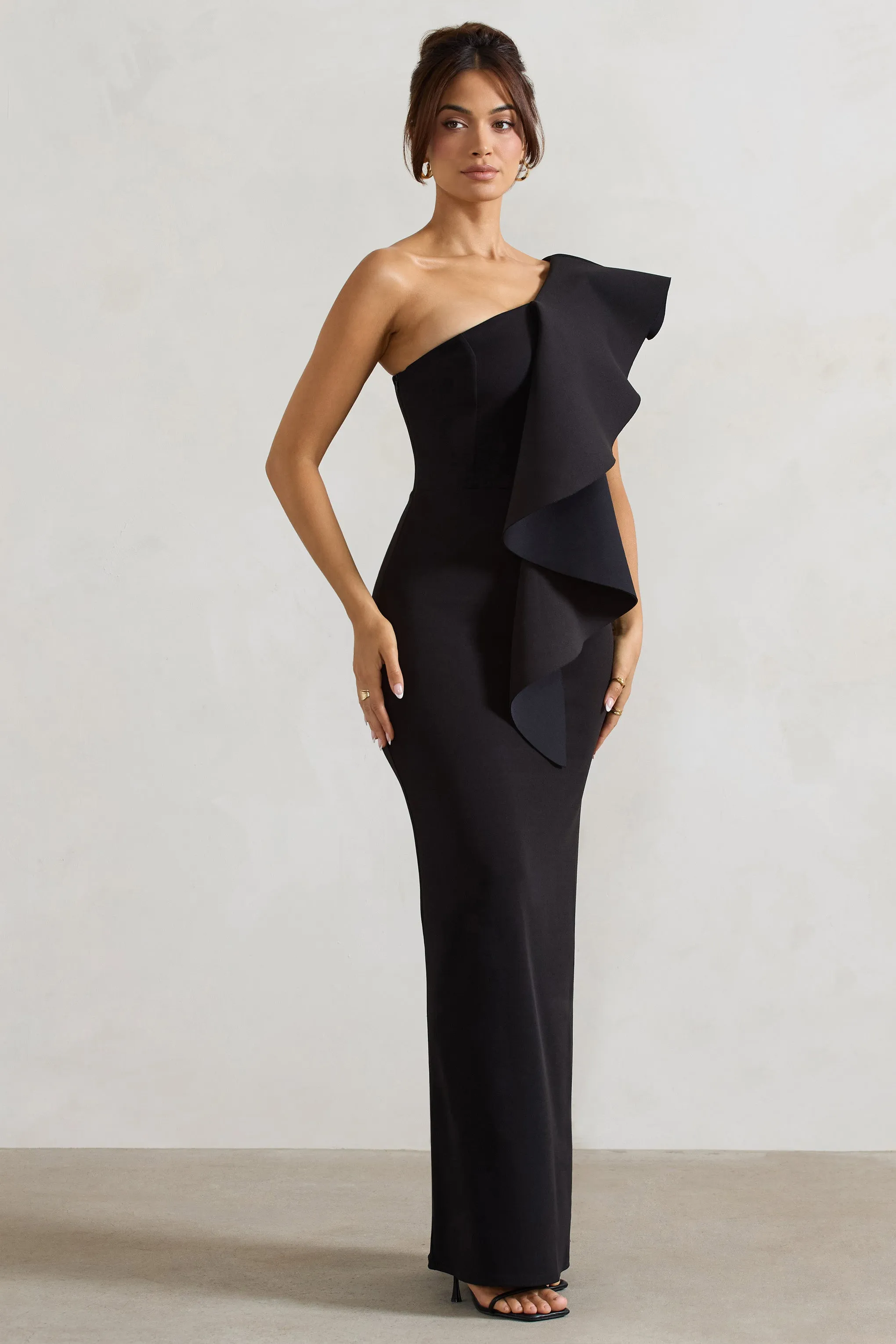 Timeless Love | Black Asymmetric Draped Ruffle Maxi Dress