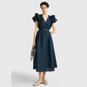 Tommy Hilfiger Ruffled Sateen Maxi Dress In Navy