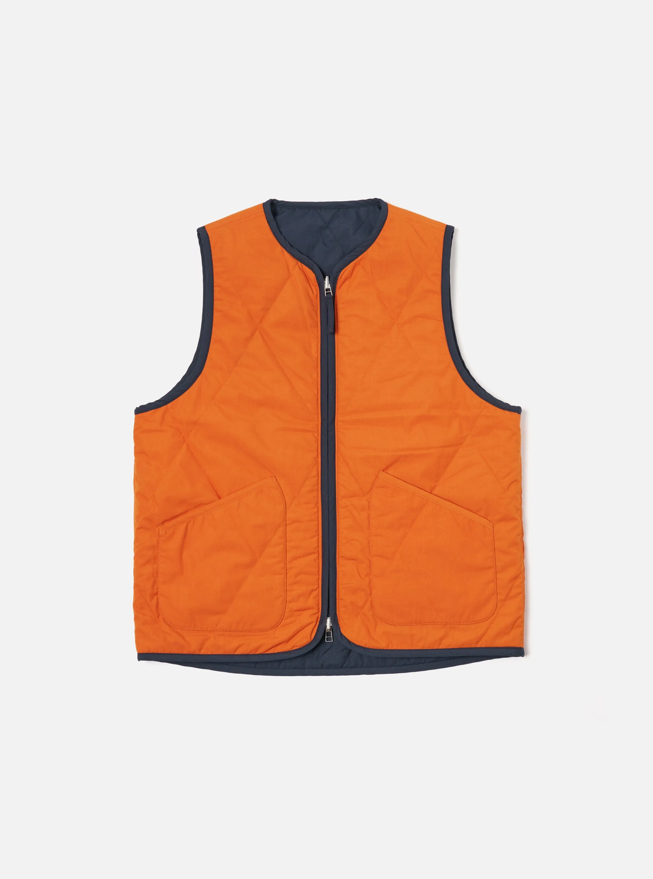 Universal Works Reversible Military Liner Gilet in Navy/Orange Recycled Polytech