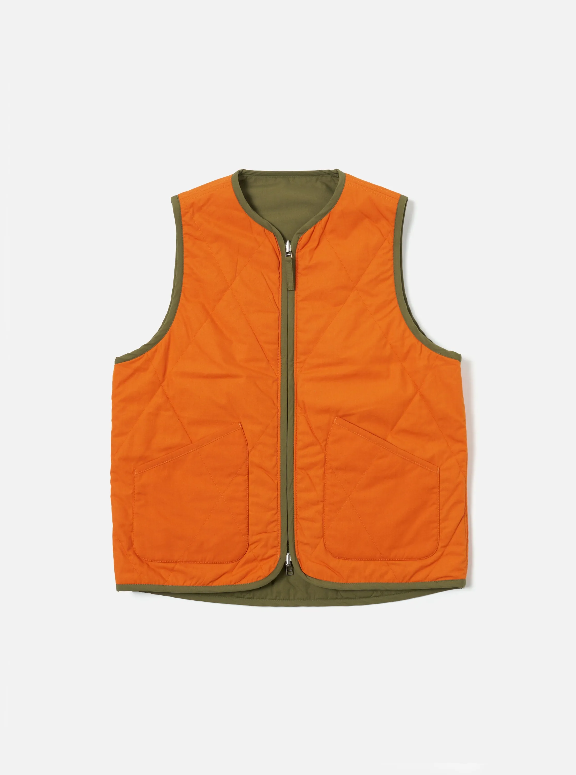 Universal Works Reversible Military Liner Gilet in Olive/Orange Recycled Polytech