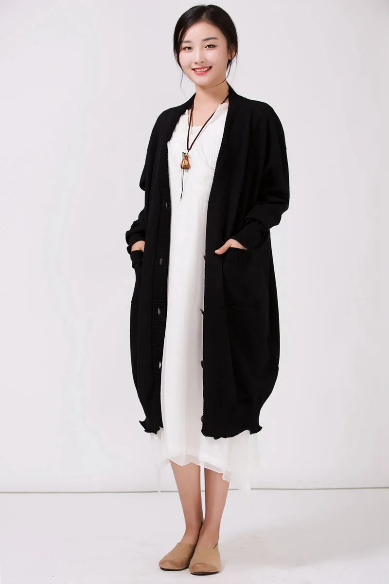 Women Black Loose Plus Size Sweater Coat