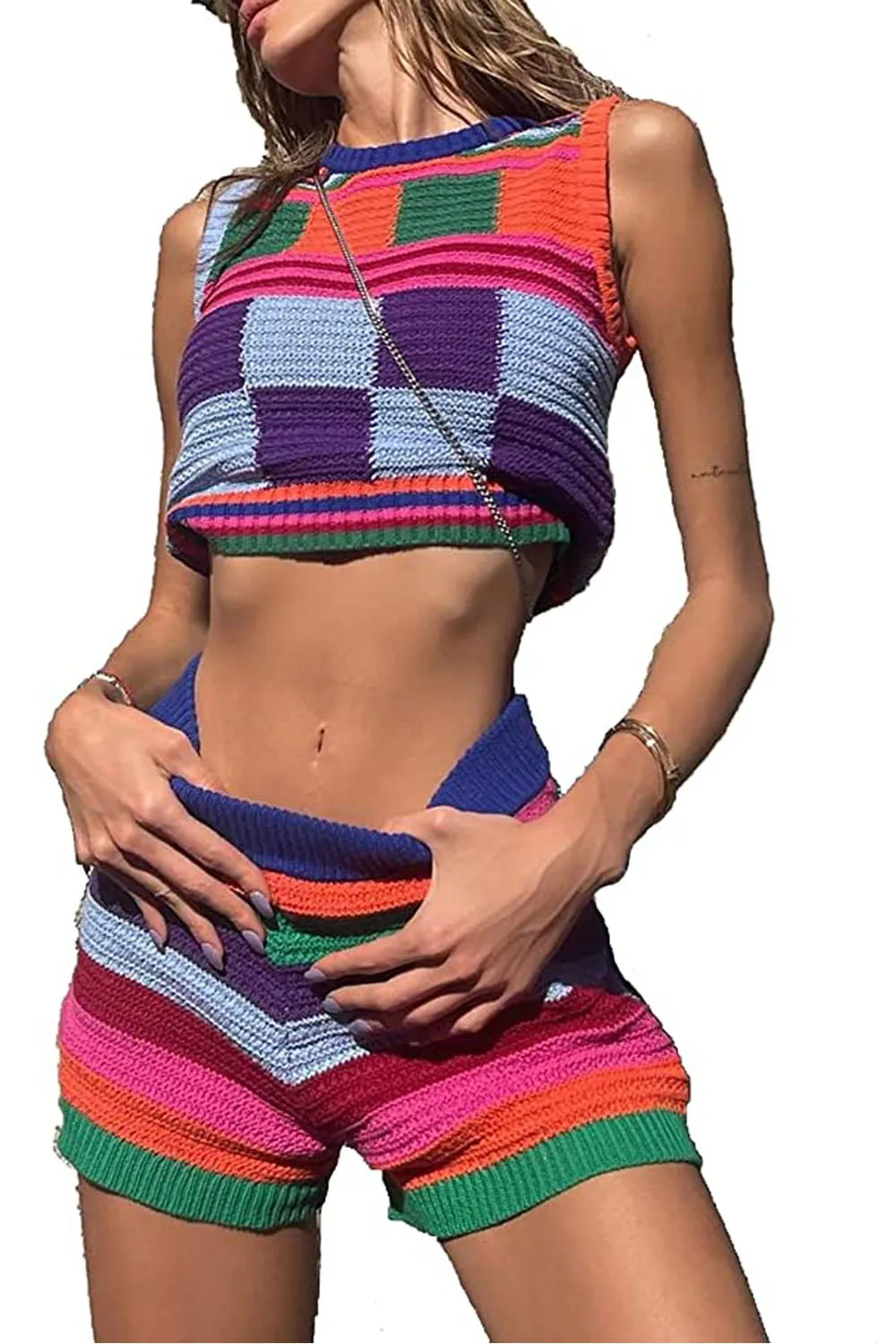 Women Knitted Color Two Piece Short Set