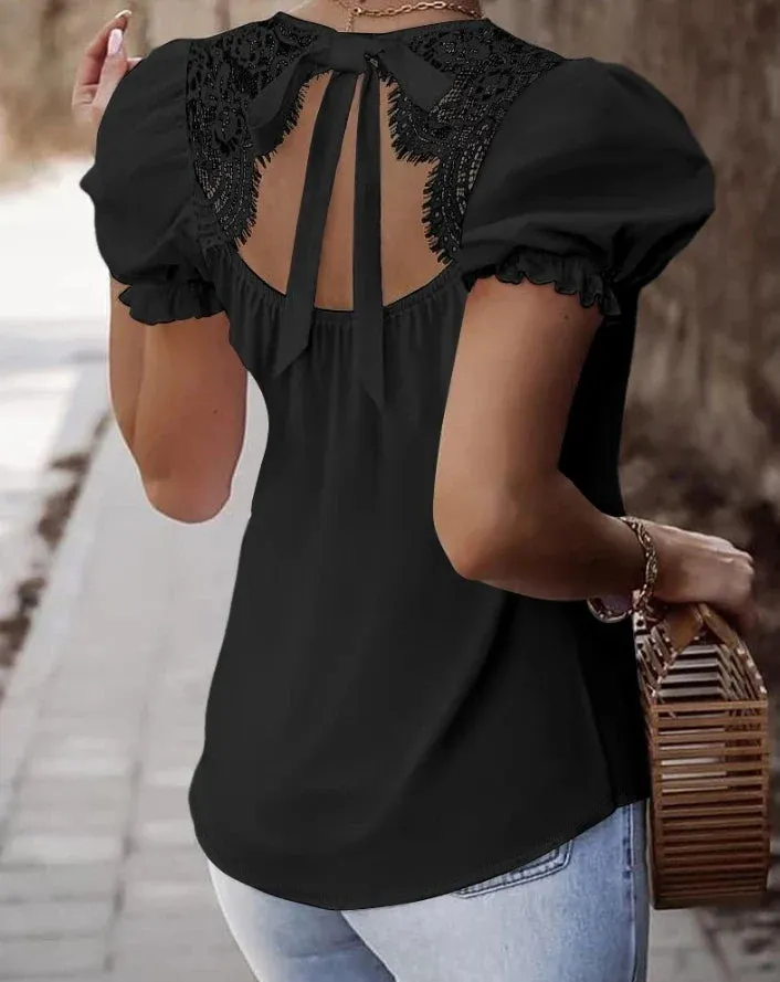 Women Lace-Back Puff Sleeve Top Blouse for Day Events